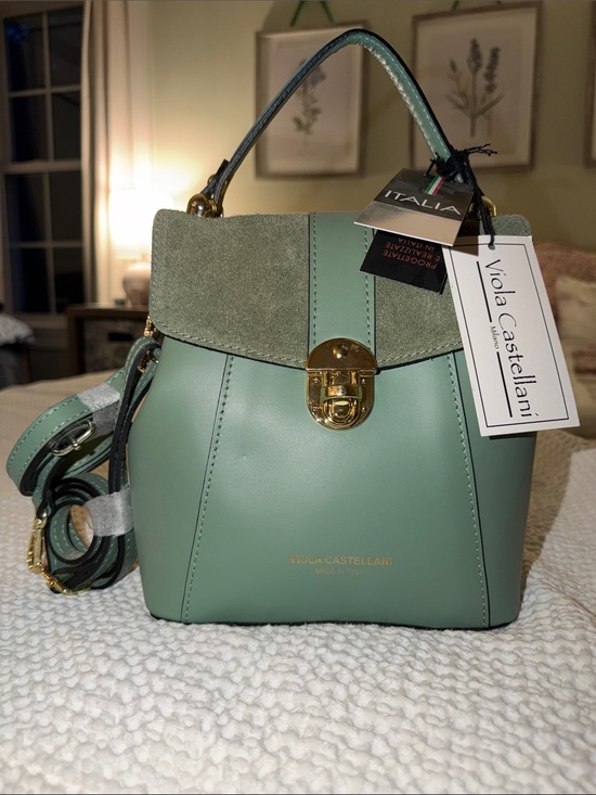 Viola Castellani Handbags - Viola Castellani Sage Green Leather Satchel with Suede Flap
